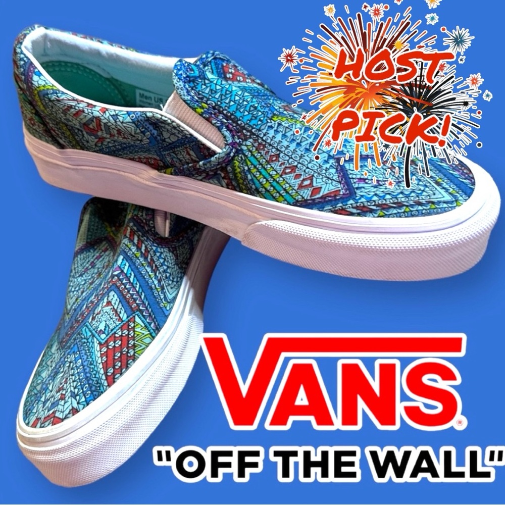 🎉 HOST PICK🎉 NWB Vans Classic Slip On Abstract Design & Teal Color Wash. Sz W5